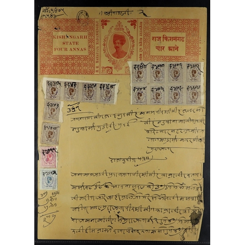 603 - INDIAN FEUDATORY STATES KISHANGARH A group of 9 exceptional stamped papers with premium frankings of... 