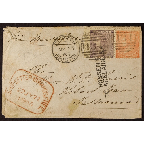 153 - AUSTRALIAN STATES TASMANIA & SOUTH AUSTRALIA 1865 (May) envelope from Bristol to Hobart Town, bearin... 