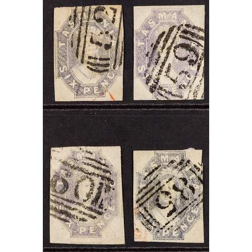 154 - AUSTRALIAN STATES TASMANIA 1858-67 6d Chalon shades, each four margins and showing clear 52, 59, 60,... 