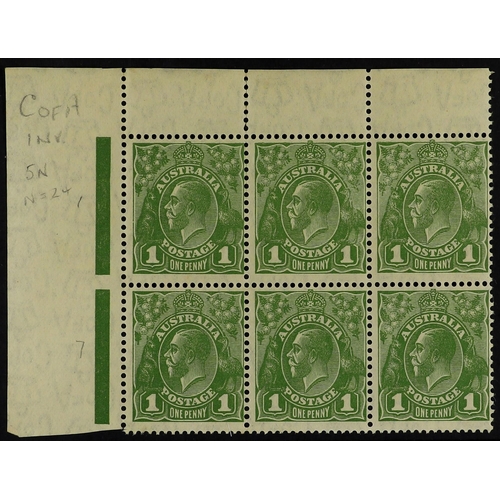 173 - AUSTRALIA 1931-36 1d green, watermark inverted, SG 125w, upper left corner block of six, never hinge... 