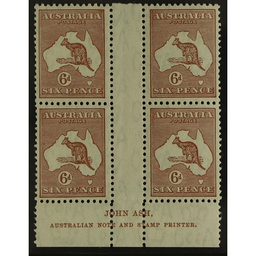 175 - AUSTRALIA 1931-36 6d chestnut Kangaroo, SG 132, never hinged mint marginal gutter block of four, wit... 