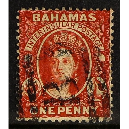 209 - BAHAMAS 1882 1d scarlet-vermilion Chalon, perf. 14, watermark reversed, SG 42x, with part barred 