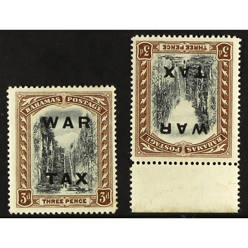 222 - BAHAMAS 1919 (July) 3d black and brown War Tax, watermark reversed, SG 105x, and watermark inverted ... 