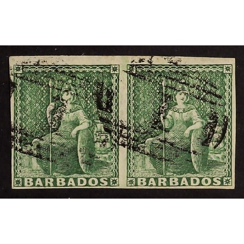 242 - BARBADOS 1855-58 (½d) green, on white paper, SG 8, a horizontal pair with four margins and neatly ca... 