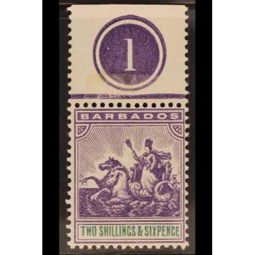 243 - BARBADOS 1892-1903 2s.6d. violet and green, SG 115, superb never hinged mint upper plate number exam... 