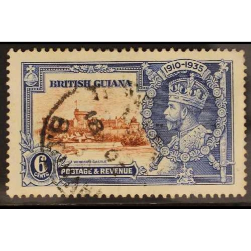 289 - BR. GUIANA 1935 6c brown & deep blue Jubilee, DOT TO LEFT OF CHAPEL, SG 302g, fine used. Cat. £200.