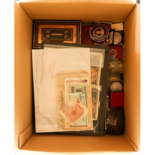 3 - COINS, BANKNOTES, BADGES, MEDALS ETC with various coins in a tin, old banknotes incl. Hong Kong 1950... 