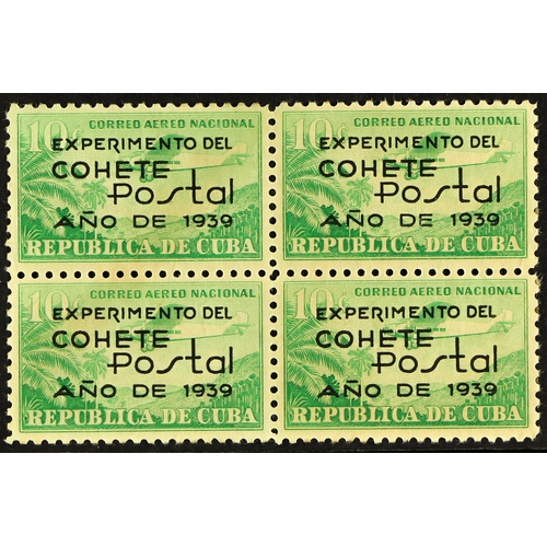 357 - CUBA 1939 10c emerald, Experimental Rocket Flight, Scott C31, mint block of four, some light adheren... 