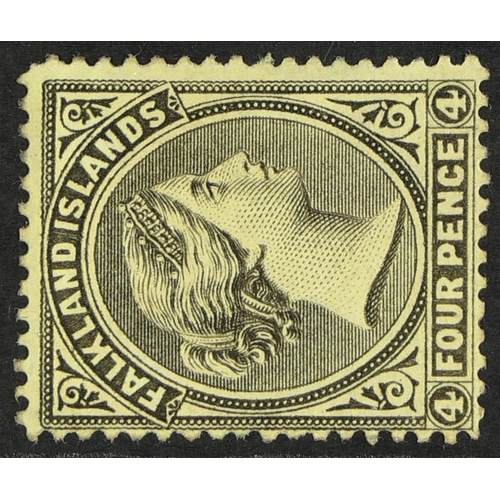 394 - FALKLAND IS. 1885-91 4d grey-black, watermark Crown CA sideways, SG 10, mint with large part origina... 