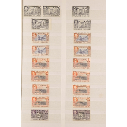 399 - FALKLAND IS. KGVI MINT (MUCH NEVER HINGED) RANGES incl. 1938-50 shades and multiples to 2s6d (5), 5s... 