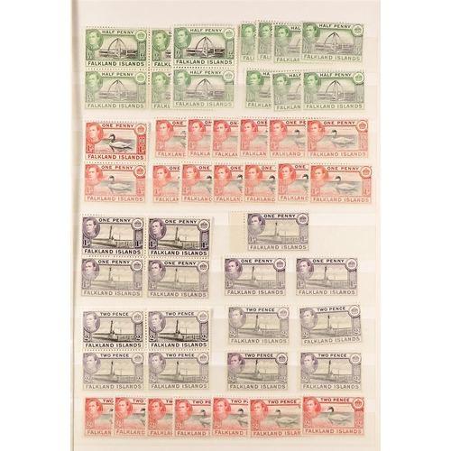 399 - FALKLAND IS. KGVI MINT (MUCH NEVER HINGED) RANGES incl. 1938-50 shades and multiples to 2s6d (5), 5s... 