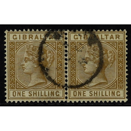 515 - GIBRALTAR 1886-87 1s bistre, SG 14, used horizontal pair. Cat. £450. (2 stamps)