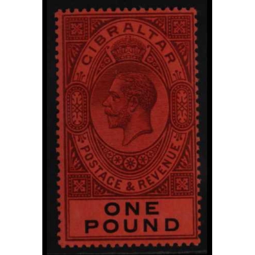 519 - GIBRALTAR 1912 £1 dull purple and black on red, SG 85, never hinged mint. Cat. £140 as mint.