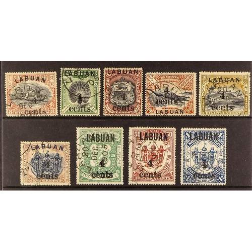 671 - LABUAN 1904 Surcharges complete set, SG 129/137, cds used. Cat. £350. (9 stamps)