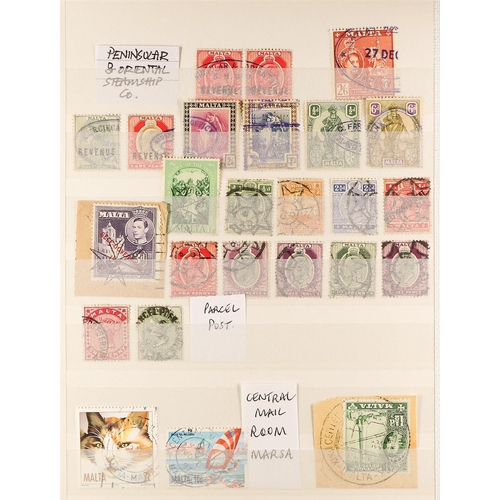 718 - MALTA POSTMARKS COLLECTION in an album and stockbook, QV to more modern with many villages, cds's et... 