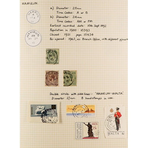 718 - MALTA POSTMARKS COLLECTION in an album and stockbook, QV to more modern with many villages, cds's et... 