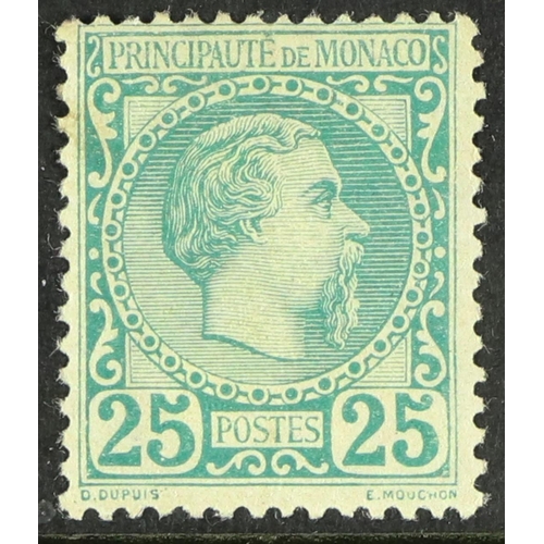 728 - MONACO 1885 25c blue-green, SG 6, Yv. 6, mint with large part gum. Cat 1000+