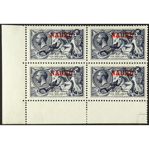 741 - NAURU 1916 10s indigo- blue Waterlow printing Seahorse lower-left corner block of four, each stamp w... 