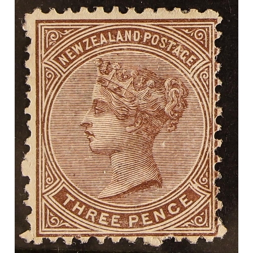 756 - NEW ZEALAND 1874-78 3d brown Side-face, SG 154, fine mint with large part gum. Cat. £190.