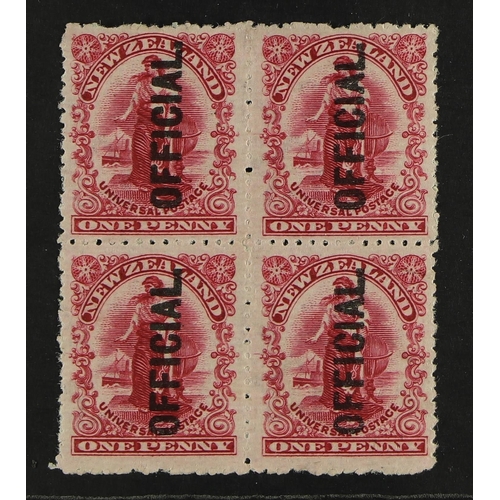 770 - NEW ZEALAND OFFICIAL 1907-11 Universal 1d carmine (Royle plate, perf 14), SG O60c, fine mint block o... 