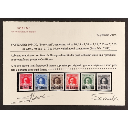 957 - VATICAN CITY 1934-37 Provisional set, Sassone S. 7, fine mint. With Sorani certificate and signed by... 