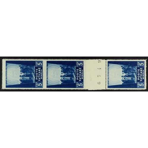 958 - VATICAN CITY 1945 5L blue Prisoners of War Relief Fund, never hinged mint vertical gutter strip of t... 