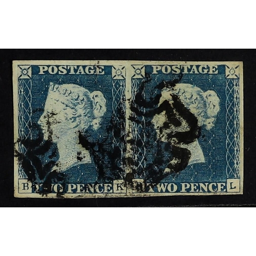 989 - GB.QUEEN VICTORIA 1840 2d pale blue plate 1, horizontal pair lettered 'BK/BL', with large neat margi... 