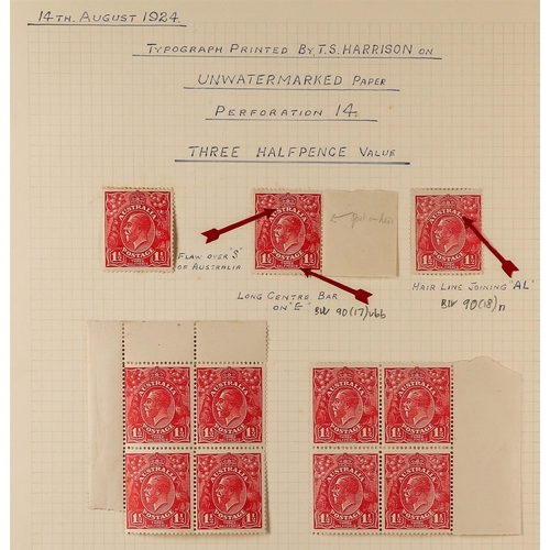 100 - AUSTRALIA 1924-25 1½d scarlet Head no watermark (SG 84) - fine mint small study group on a page, inc... 