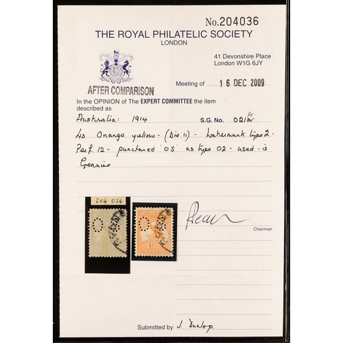 109 - AUSTRALIA OFFICIAL PERFIN 1914 4d orange-yellow Kangaroo with 'OS' perfin, SG O21a, fine used with R... 