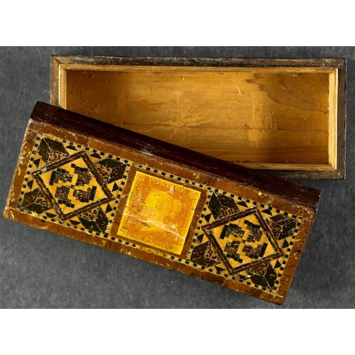 16 - STAMP BOXES Great Britain three wooden Stickware and mosaic boxes, one (39x35x18mm) with a Penny Bla... 