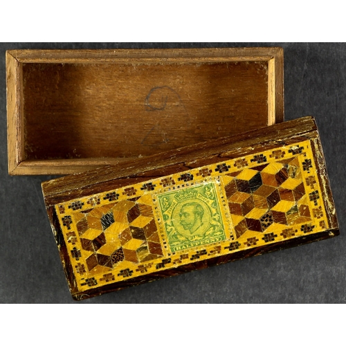 16 - STAMP BOXES Great Britain three wooden Stickware and mosaic boxes, one (39x35x18mm) with a Penny Bla... 