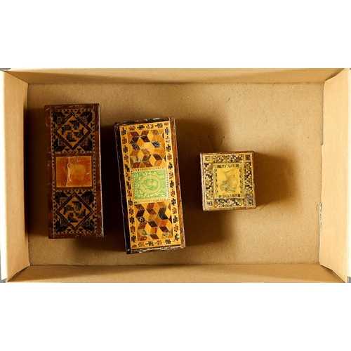 16 - STAMP BOXES Great Britain three wooden Stickware and mosaic boxes, one (39x35x18mm) with a Penny Bla... 