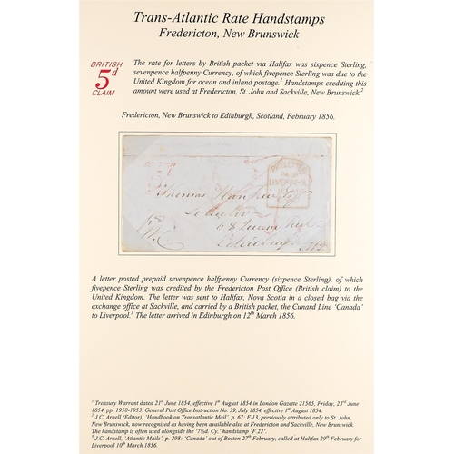 192 - CANADA 038 TRANS-ATLANTIC MAIL 1856 FREDERICTON, NEW BRUNSWICK TO EDINBURGH, SCOTLAND. (5th March) E... 