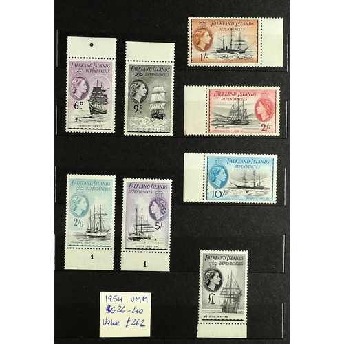 276 - FALKLAND IS. 1938-54 NEVER HINGED MINT with 1938  set to £1, Wedding, UPU (this in blocks of four), ... 