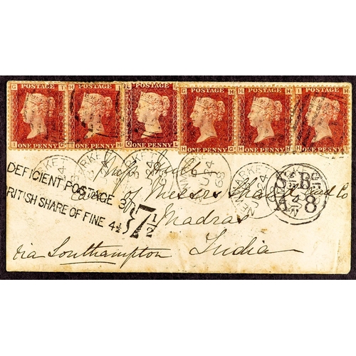 368 - INDIA 1868 & 1875 OVERLAND MAIL COVERS FROM GB, DEFICIENT POSTAGE 1868 envelope to Madras, via South... 