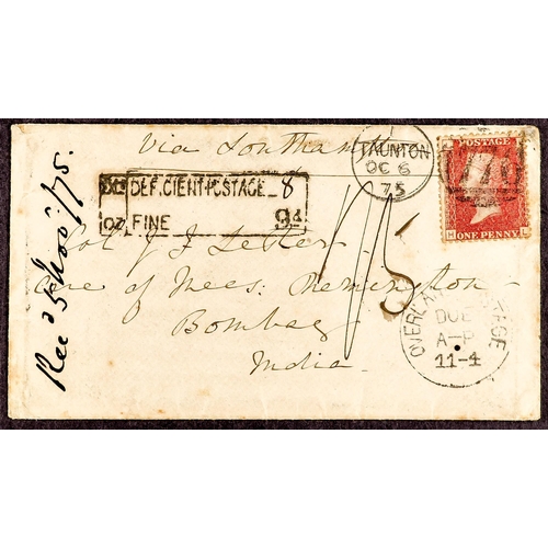 368 - INDIA 1868 & 1875 OVERLAND MAIL COVERS FROM GB, DEFICIENT POSTAGE 1868 envelope to Madras, via South... 