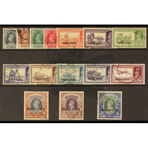 374 - INDIAN CONVENTION STATES NABHA 1938 set to 5r, SG 77/91, fine used. S.T.C. £940. (15 stamps)