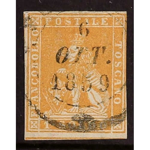 402 - ITALIAN STATES TUSCANY 1857 1s bright ochre, wmk vertical lines, Sass 11a, very fine used with three... 