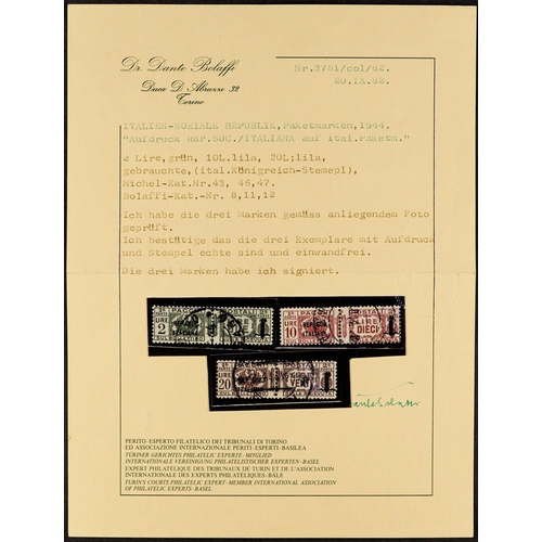 406 - ITALY ITALIAN SOCIAL REPUBLIC (RSI) - RARE PARCEL POSTS 1944 2L green, 10L rose lilac and 20L lilac ... 