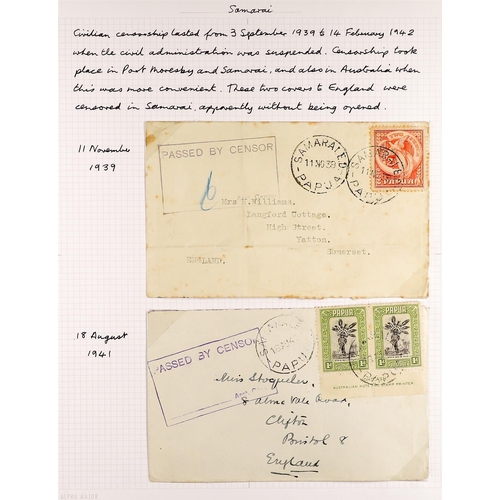 575 - PAPUA WW2 CENSOR MARKS ON COVERS 1939-41 collection written up on pages, with various types of hands... 