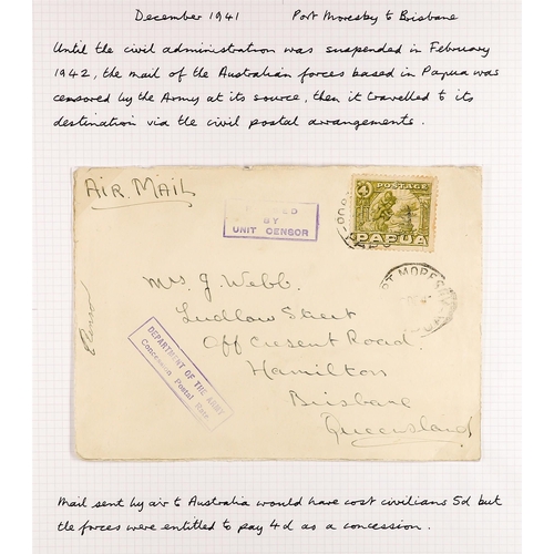 575 - PAPUA WW2 CENSOR MARKS ON COVERS 1939-41 collection written up on pages, with various types of hands... 