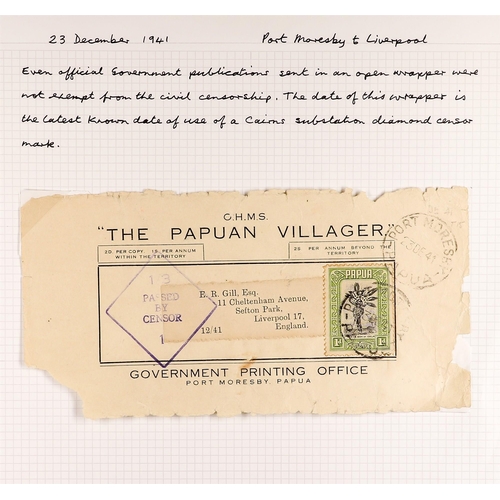 575 - PAPUA WW2 CENSOR MARKS ON COVERS 1939-41 collection written up on pages, with various types of hands... 