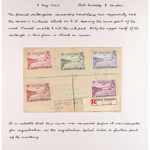 575 - PAPUA WW2 CENSOR MARKS ON COVERS 1939-41 collection written up on pages, with various types of hands... 