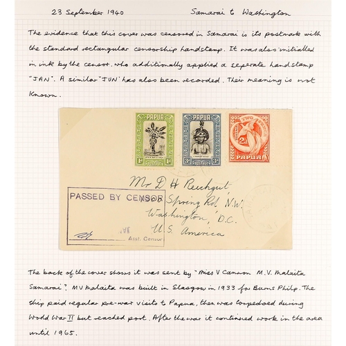 575 - PAPUA WW2 CENSOR MARKS ON COVERS 1939-41 collection written up on pages, with various types of hands... 