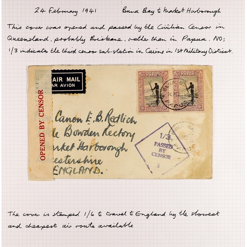 575 - PAPUA WW2 CENSOR MARKS ON COVERS 1939-41 collection written up on pages, with various types of hands... 