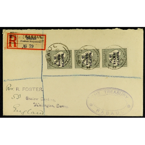 597 - NEW GUINEA N.W.P.I. 1918 (Dec) envelope registered to England, bearing 2d Kangaroo strip of three ty... 