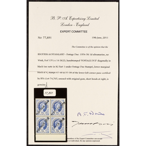 619 - RHODESIA & NYASA. POSTAGE DUE 1954-56 1d ultramarine, a never hinged mint lower marginal block of fo... 