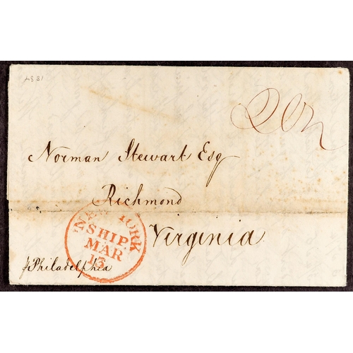 732 - UNITED STATES TRANSATLANTIC MAIL - NAME SHIP ENTIRES 1822-49 with 1822 Hamburg to Boston 