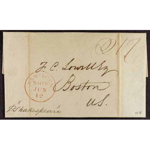 732 - UNITED STATES TRANSATLANTIC MAIL - NAME SHIP ENTIRES 1822-49 with 1822 Hamburg to Boston 