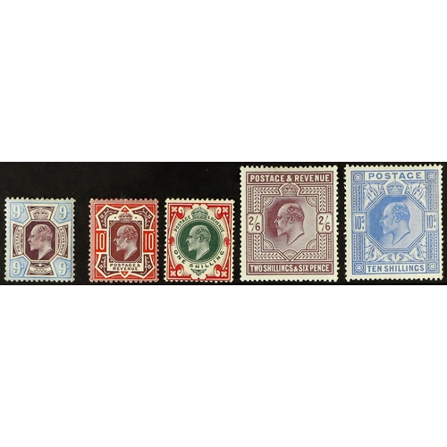 866 - GB.EDWARD VII 1902-13 9d, 10d and 1s, 2s.6d lilac, 10s blue (S.H., slight gum disturbance), mainly g... 